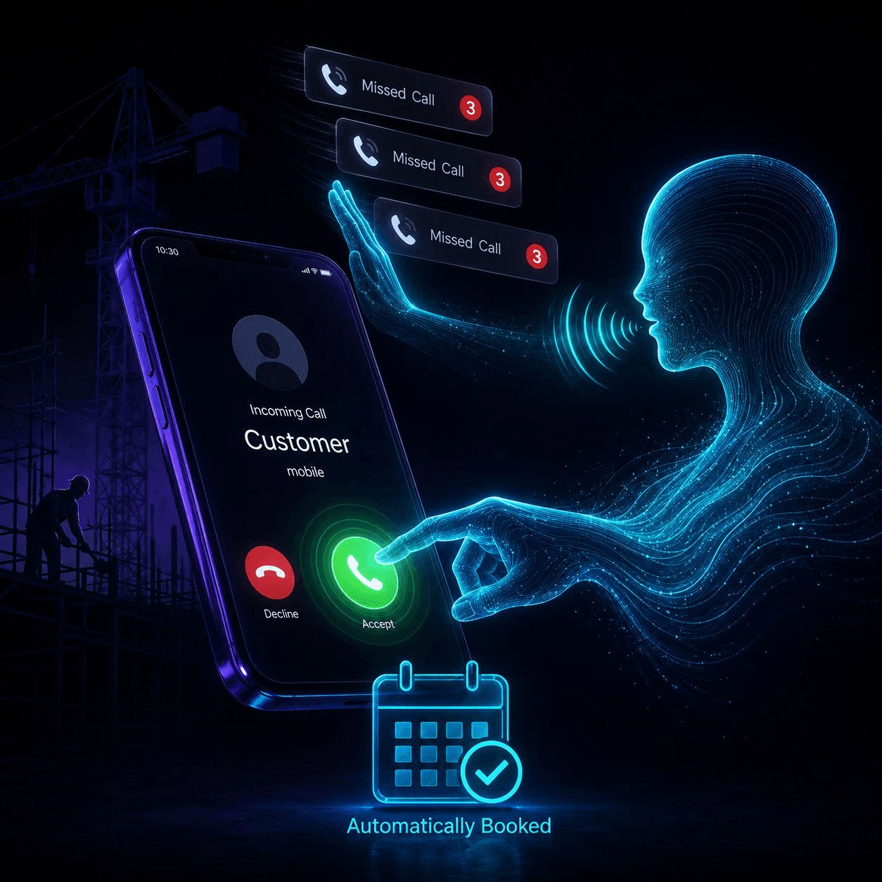 Abstract glowing phone handset with concentric pulse rings representing call interception